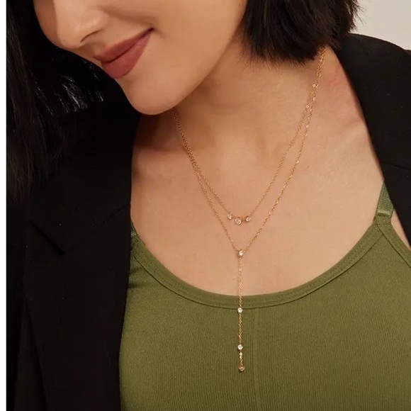 18K Gold Plated Cubic Zirconia Layered Long Pendant Necklace - Picture 4 of 9